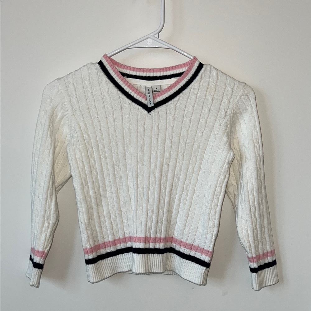 Janie and Jack Size: 6 (year-old) White V-Neck Sweater with Pink and Black Trim
